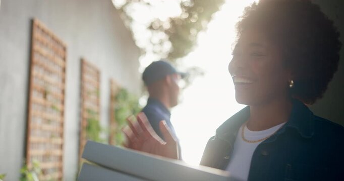 Customer, delivery man and pizza box with smile for fast food, takeout and ecommerce by home front door. People, employee and woman with wave for takeaway, purchase and service with gratitude