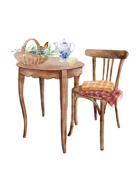 Watercolor vintage cottage garden furniture composition, cozy relax cill out slow living composition