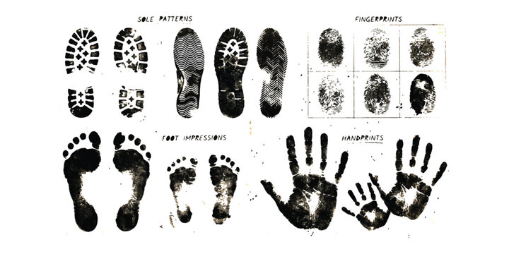 Set of black shoe sole patterns, human footprints, fingerprints and handprints collection
