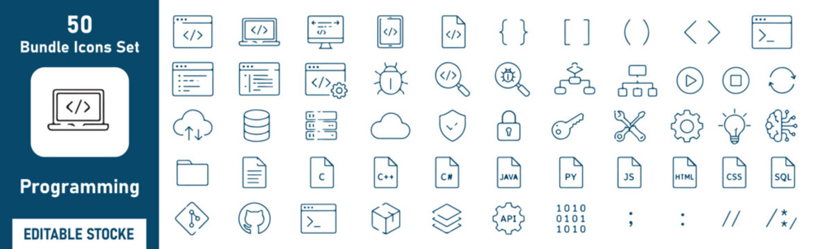 Programming Vector Outline Icons Set &ndash; Software Development, Coding, Web Development and Programming Line Symbols Collection