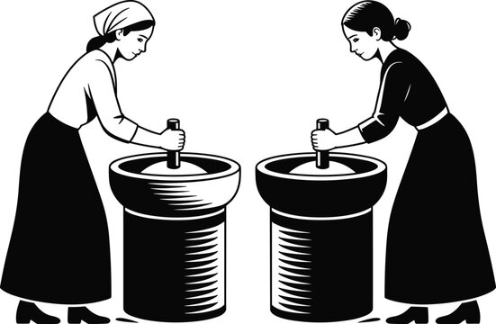 Vintage linocut style engraving vector illustration of two peasant women grinding grain with traditional ancient stone millstones