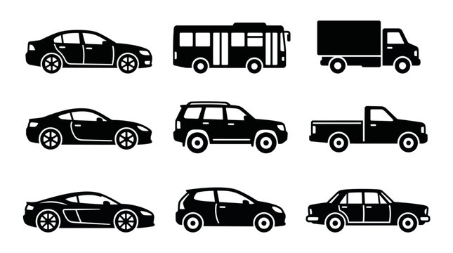 Set of transport vehicle silhouettes with sedan sports car bus and delivery truck