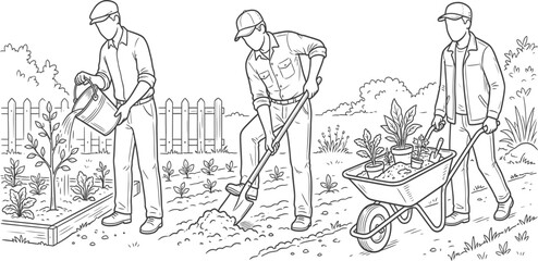 Obraz premium Line art illustration of gardeners working in a vegetable garden with tools and plants
