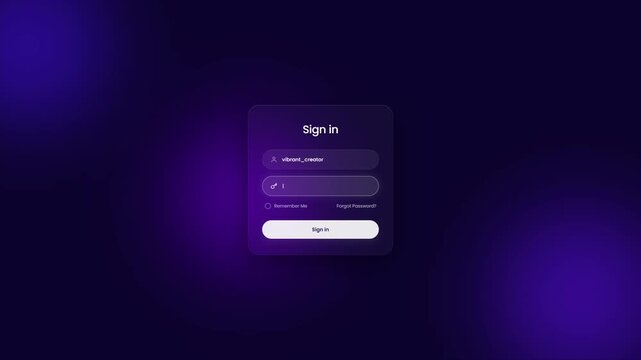Animated login and success screens on purple background