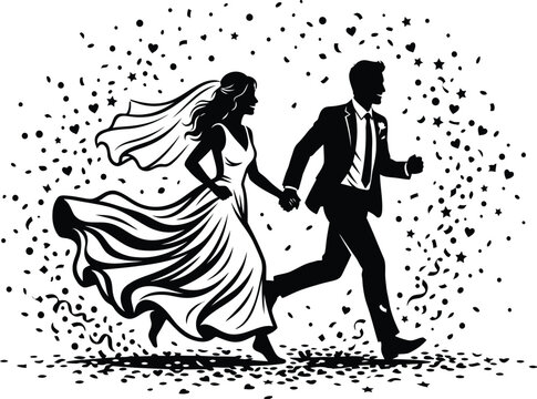 Newlywed couple silhouette running with confetti black and white vector illustration
