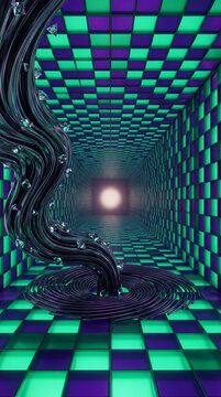 A dark swirling vortex with crystal shards emerges from a checkered tunnel with green and purple glowing panels, symbolizing mystery and the unknown, great for abstract themes