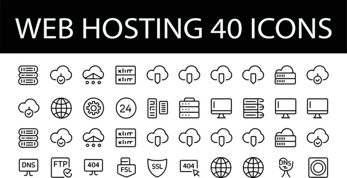 Web Hosting Icons: A collection of 40 diverse line icons representing various web hosting services and concepts, including servers, clouds, DNS, FTP, SSL, and more.