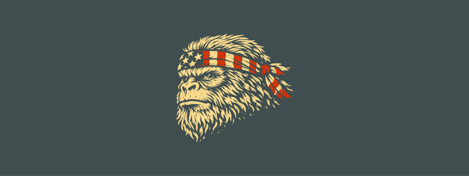 Vintage Sasquatch Head with American Flag Bandana &ndash; Patriotic Apparel Print Illustration