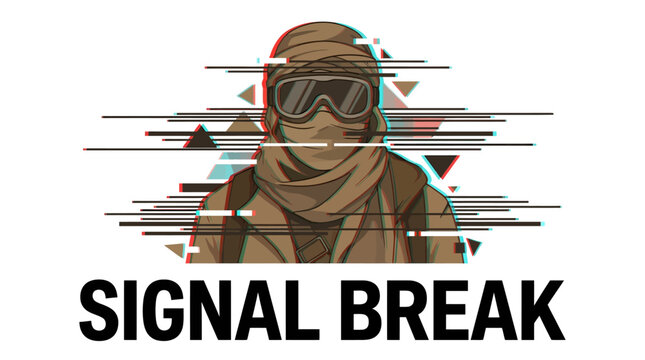 Glitch art style illustration of a soldier wearing tactical goggles and a shemagh scarf, digital interference effect, modern warfare concept