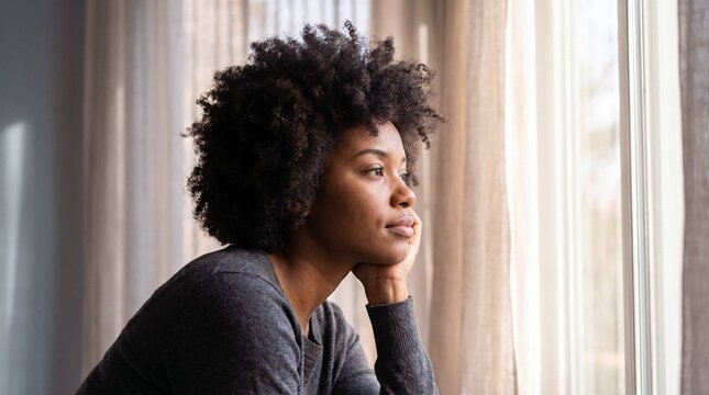 Thoughtful Young Black Woman Looking Out Window with Peaceful Contemplative Expression