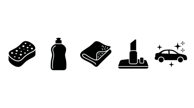 Car Cleaning Supplies and Equipment Icons for Auto Detailing and Maintenance