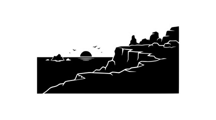 Naklejka premium Minimalist black and white coastal landscape with rocky cliffs and sunset