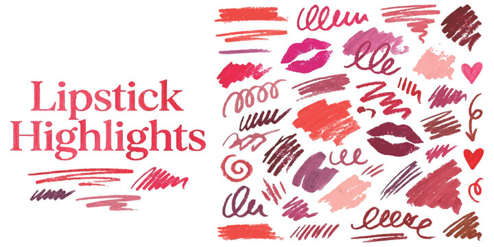 Set of pink and red lipstick strokes and kiss marks for beauty design elements