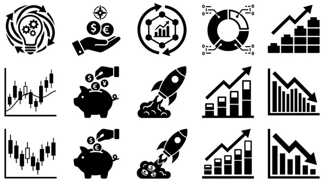 Business growth and financial success icons featuring charts rocket launch piggy bank and analytic data symbols for professional visualization