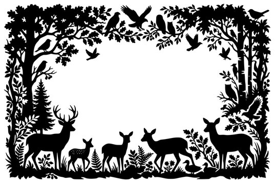Forest Wildlife Silhouette Frame with Deer and Birds Papercut Style Illustration