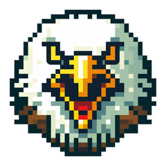 Fototapeta premium The image shows a pixel art design of an eagle mask. It has bright colors and clear details. This artwork can be used in various creative projects