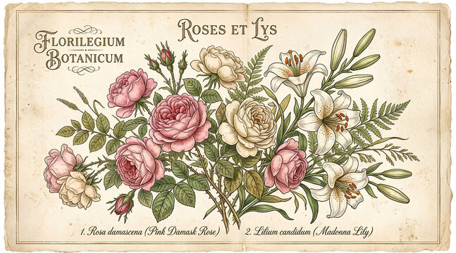 Vintage floral illustration of roses and lilies on aged paper background
