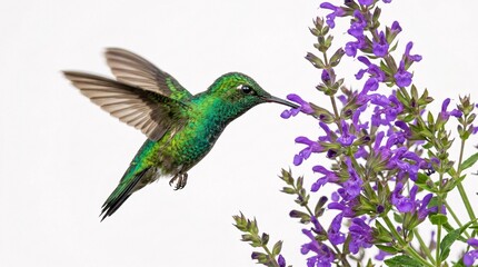 Fototapeta premium Shimmering green hummingbirds hover gracefully in mid-air feeding from beautiful blooming purple salvia flowers on pure white backgrounds.