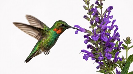 Fototapeta premium Shimmering green hummingbirds hover gracefully in mid-air feeding from beautiful blooming purple salvia flowers on pure white backgrounds.