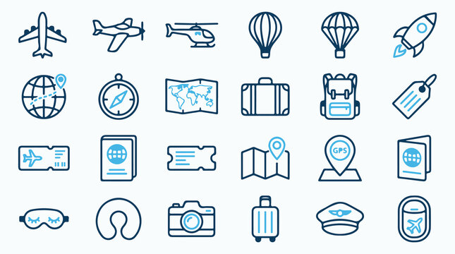 Comprehensive travel and vacation icon set with blue outline graphics