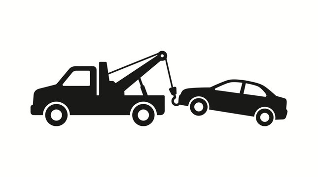 Vector illustration of a black tow truck icon providing emergency roadside assistance to a stranded car