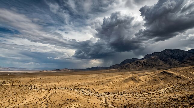 Dramatic storm clouds gathering over a vast desert mountain range