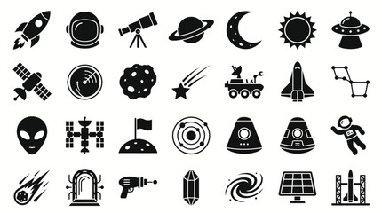 Space icons present a collection of celestial and cosmic symbols including rockets, planets, and astronauts for science fiction media. © labubu