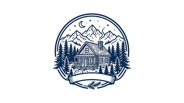 Rustic Cabin in Mountains, Forest, Night Sky, Vintage Emblem Illustration