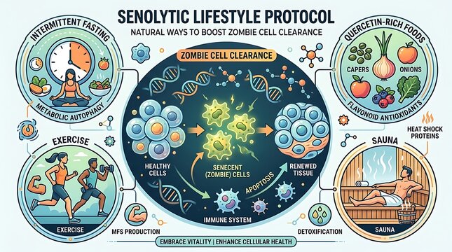 Infographic showing senolytic lifestyle protocol for cellular health