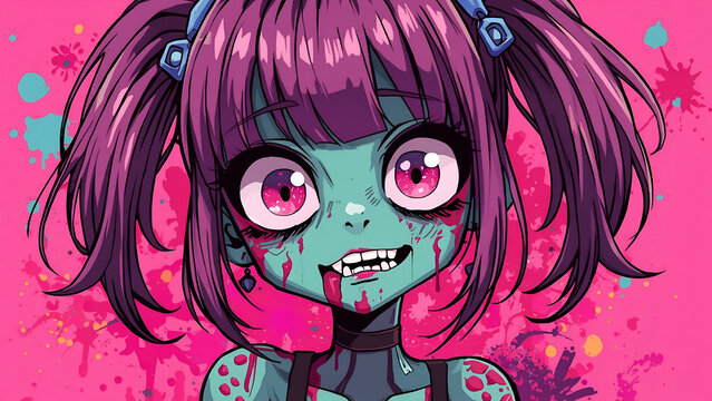Creepy Cute Anime Zombie Girl | Vibrant Neon Mobile Wallpaper