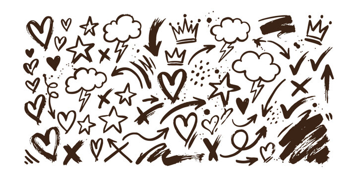 Set of hand drawn doodle icons including hearts stars arrows clouds and crowns in black ink style