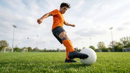 Naklejka premium Teenager boy kicking soccer ball on football field. Young athlete practicing sport during training session. Active lifestyle and athletic competition concept on green grass stadium.