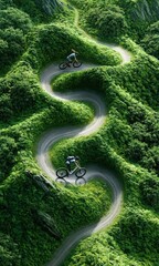Fototapeta premium Mountain cyclists on a scenic twisting roadway adventure