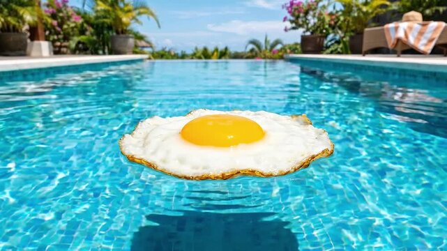 Tracking shot of fried egg floating and drifting across backyard swimming pool with lounge chairs and tropical garden on bright sunny midday