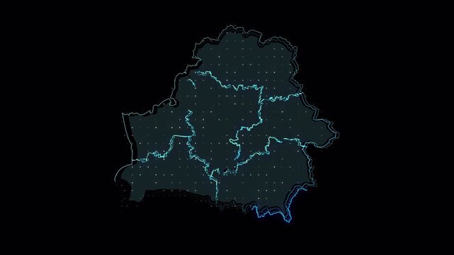 Abstract Digital Animation of Belarus Country Map with Glowing Borders.