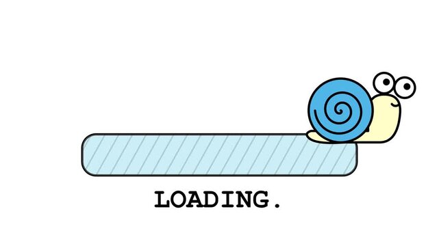Funny cartoon snail on loading bar representing slow internet connection.