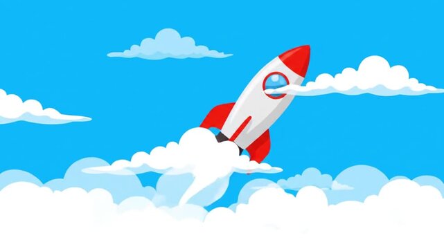 Cartoon Rocket Launching into Blue Sky with Clouds.