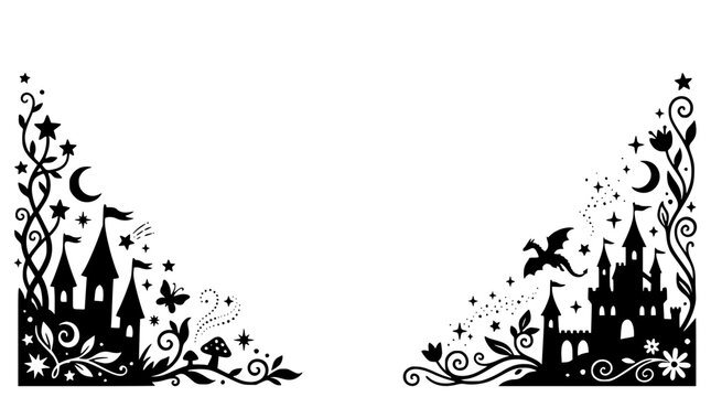 Fairytale Silhouette Border with Castles Dragon and Magical Elements