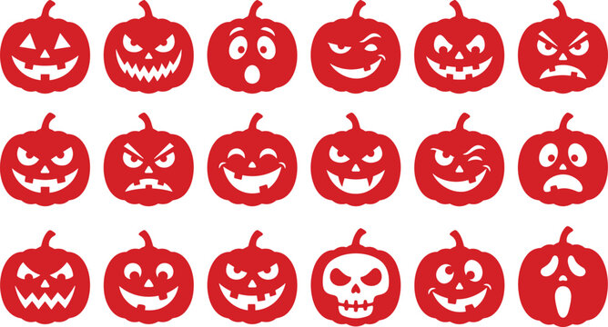 Collection of eighteen red halloween pumpkin faces with various expressions on a white background