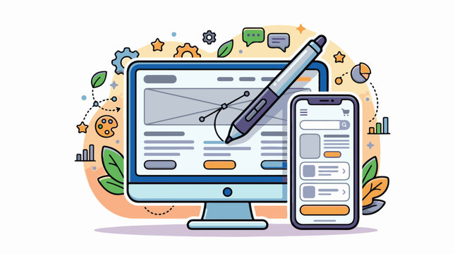 A computer monitor and smartphone displaying website wireframes with a large pencil on top
