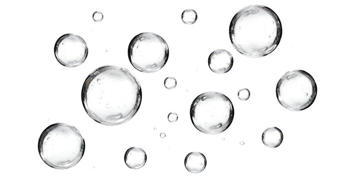 Clear water bubbles floating and rising up in a group