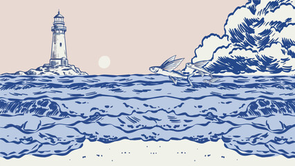 Blue and beige coastal illustration of lighthouse rocky island ocean waves flying fish and clouds with vintage print aesthetic © Abdul Waheed Studio