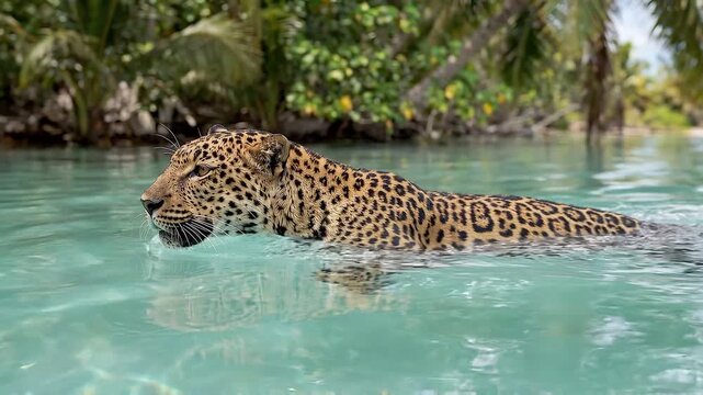 Tracking shot of jaguar swimming across shallow turquoise lagoon with palm trees along shore, slow motion handheld pan at water level during daytime calm