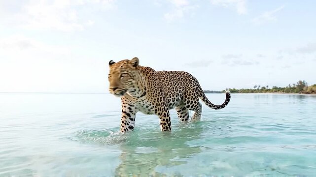 Tracking shot of leopard walking through shallow tropical lagoon water near palm lined shoreline, wading and splashing under bright clear sky daylight, calm reflective sea