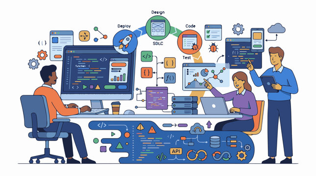 A colorful illustration of two people working on computers one on the left on a desktop the other on the right on a la