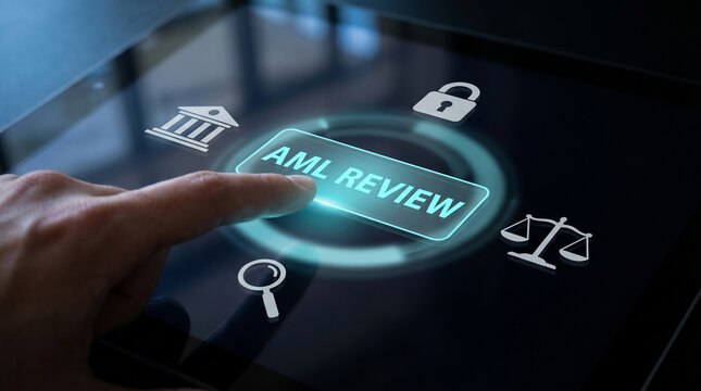 Human finger pressing a glowing digital button for starting the anti money laundering review process