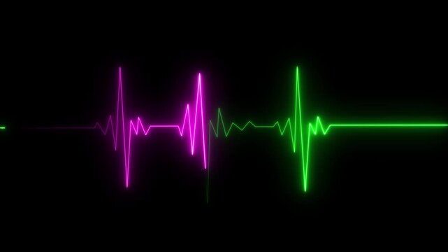 Neon electrocardiogram heartbeat line glowing on dark black background, representing heart rate monitoring, medical technology, health, and vital signs. 4k animation video