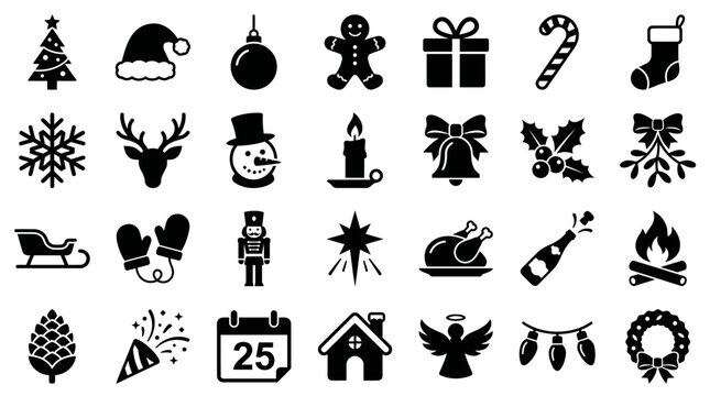 Christmas icons display festive elements like Santa hats, ornaments, and gifts to celebrate the winter holiday season with clear graphic representations.