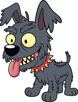 Funny creepy zombie dog cartoon character with stitches spooky Halloween pet flat vector
