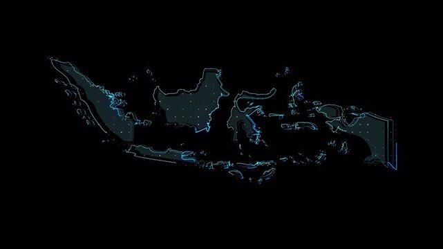 Abstract digital map of Indonesia glowing with network connections on black background.